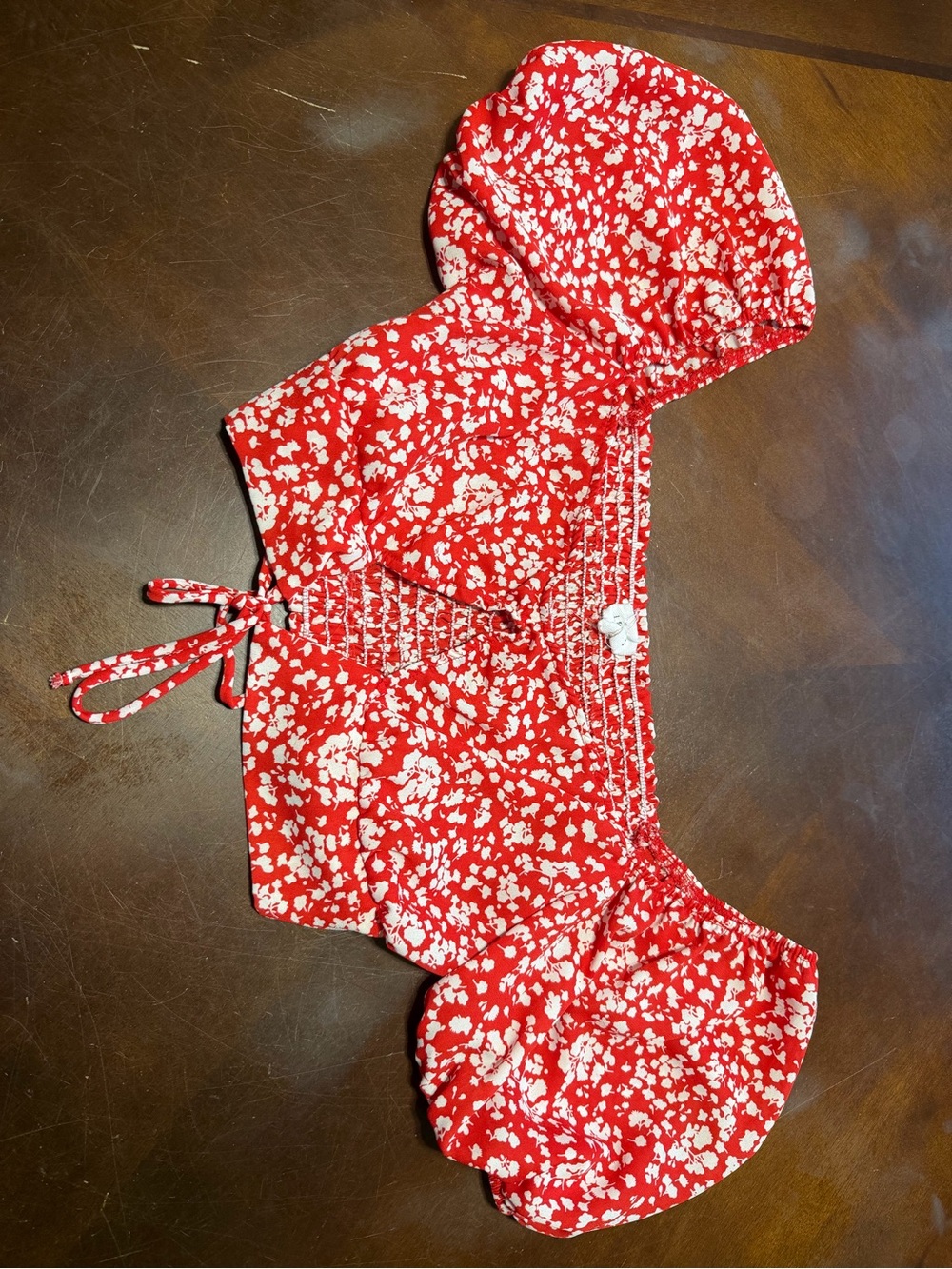 Le Lis Red Floral Puff-Sleeve Smocked Top